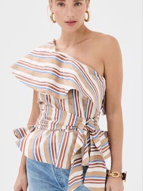 Stella Jean One-Shoulder Striped Tie-Waist Camisole in Tan, Blue & White